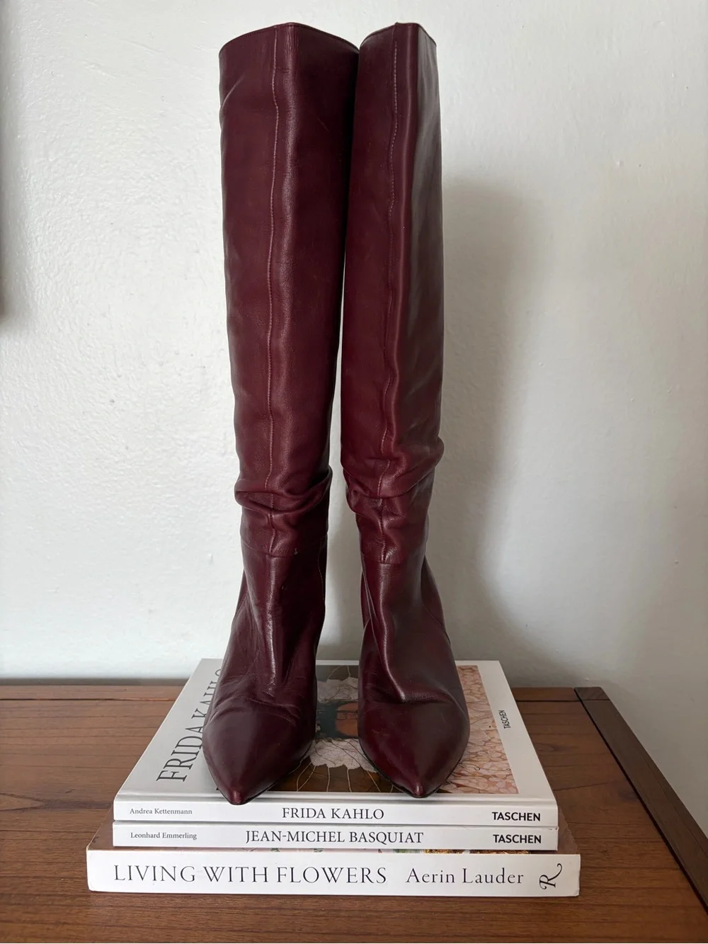 Zara Burgundy Leather Over-the-Knee Pointed-Toe Boots